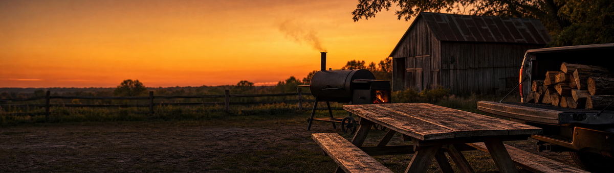 Golden-hour BBQ smoker glowing beside a weathered picnic table and rustic Wisconsin barn, tailgate truck bed stacked with firewood at dusk