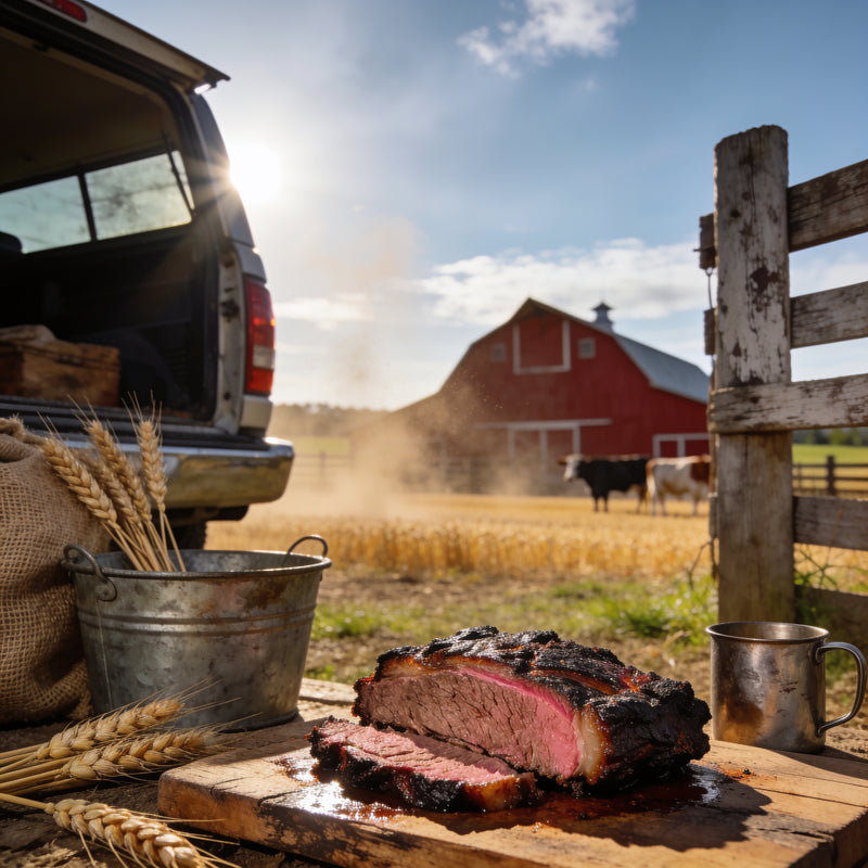 Sliced smoked brisket with a deep bark and smoke ring, on a Wisconsin paddock tailgate lifestyle photo