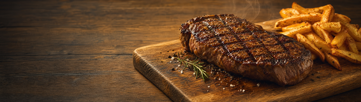 A grilled steak resting on a wood board with chips on the side