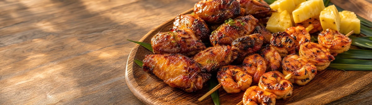 Glazed chicken wings and grilled shrimp skewers with pineapple garnish on a platter