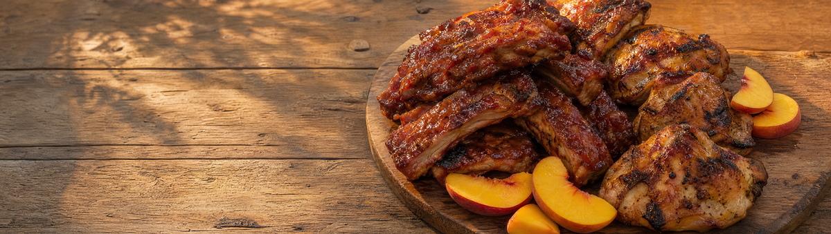 Peach-glazed pork ribs and grilled chicken with fresh peach slices on a table