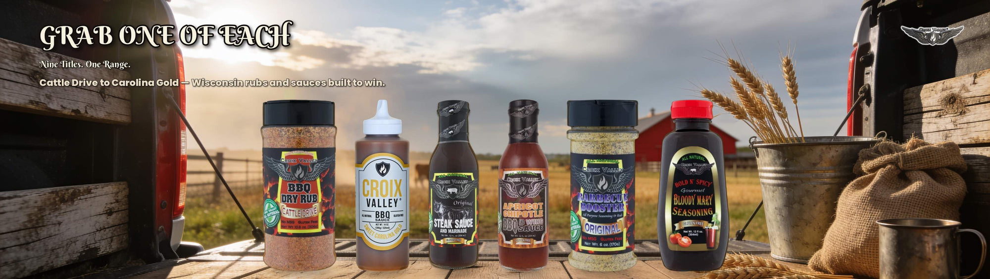 Croix Valley Meet the Range banner — GRAB ONE OF EACH, six Wisconsin BBQ rubs, sauces, wing sauce, booster and Bloody Mary seasoning on a paddock tailgate