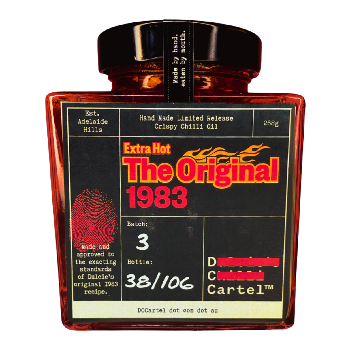 DC Cartel 1983 Extra Hot Carolina Reaper crispy chilli oil 268g, front of jar on transparent background