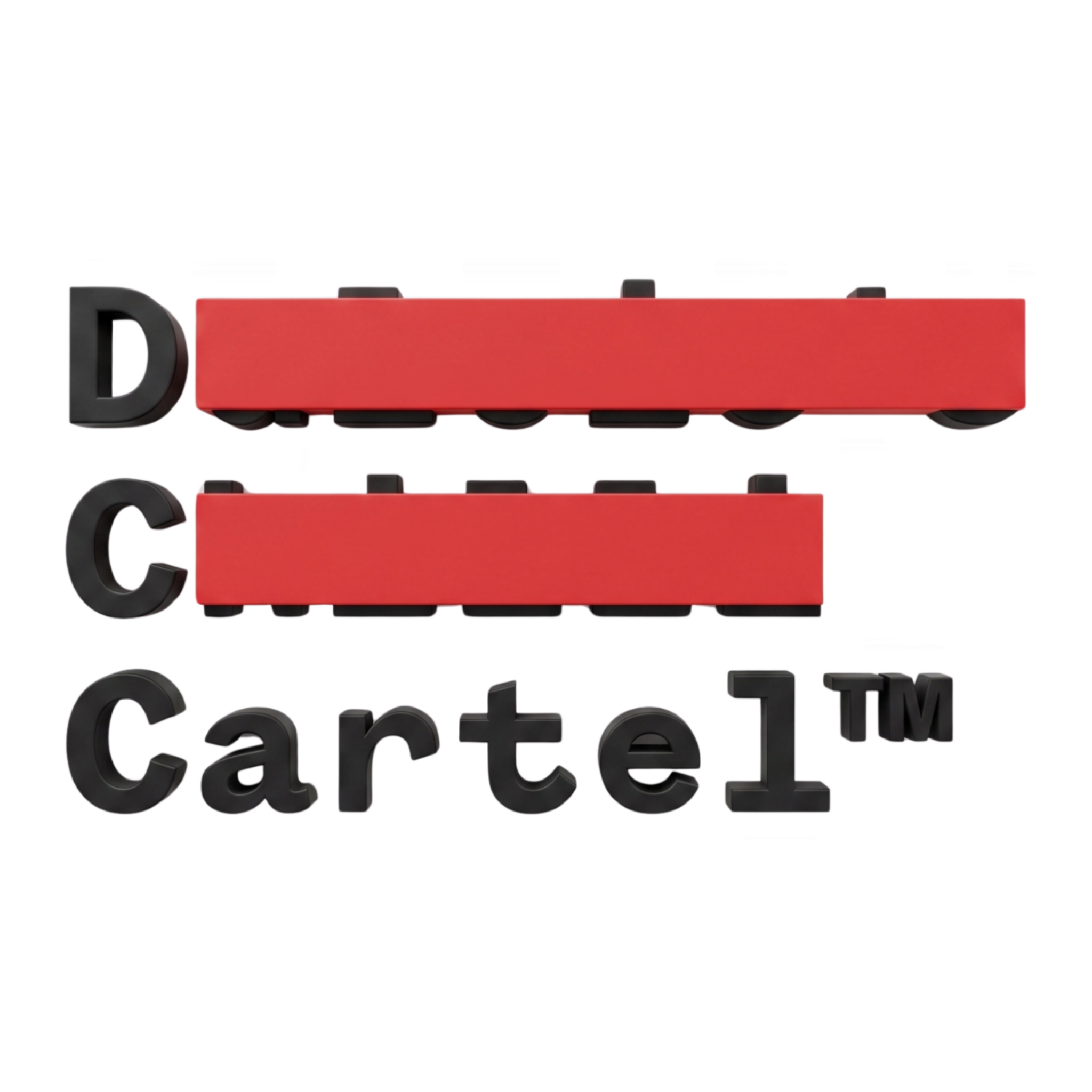 DC Cartel brand logo, 3D black lettering with red redaction bars, on transparent background