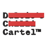 DC Cartel brand logo, 3D black lettering with red redaction bars, on transparent background