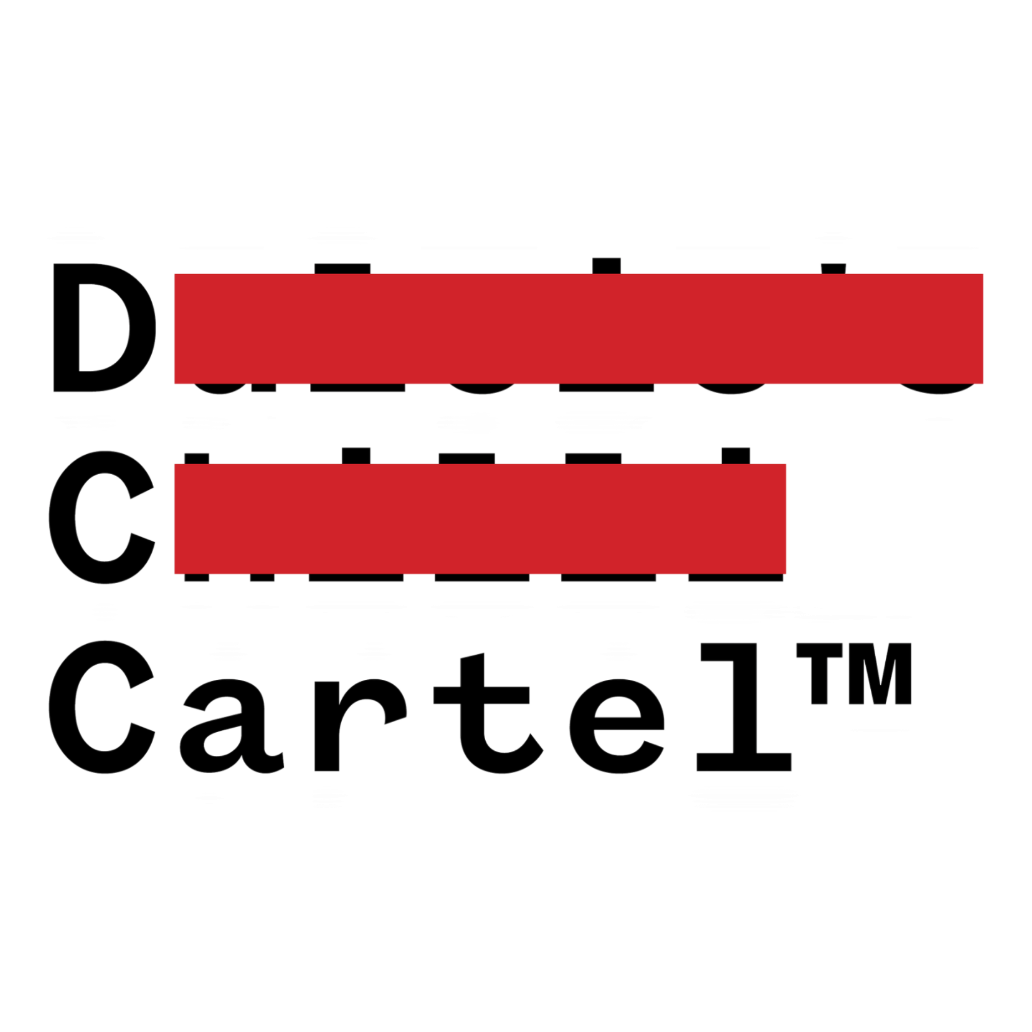 DC Cartel barbecue brand logo, red redaction-bar wordmark, on transparent background
