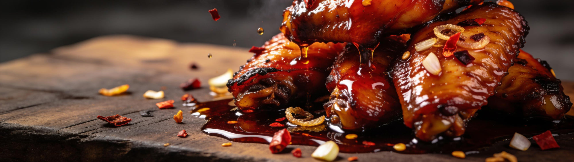DC Cartel 1983 Extra Hot Crispy Chilli Oil 268g banner - dark Carolina Reaper crispy chilli oil actively pouring and dripping over glazed barbecue wings, glossy pooling oil and visible chilli flakes, firelit macro shot