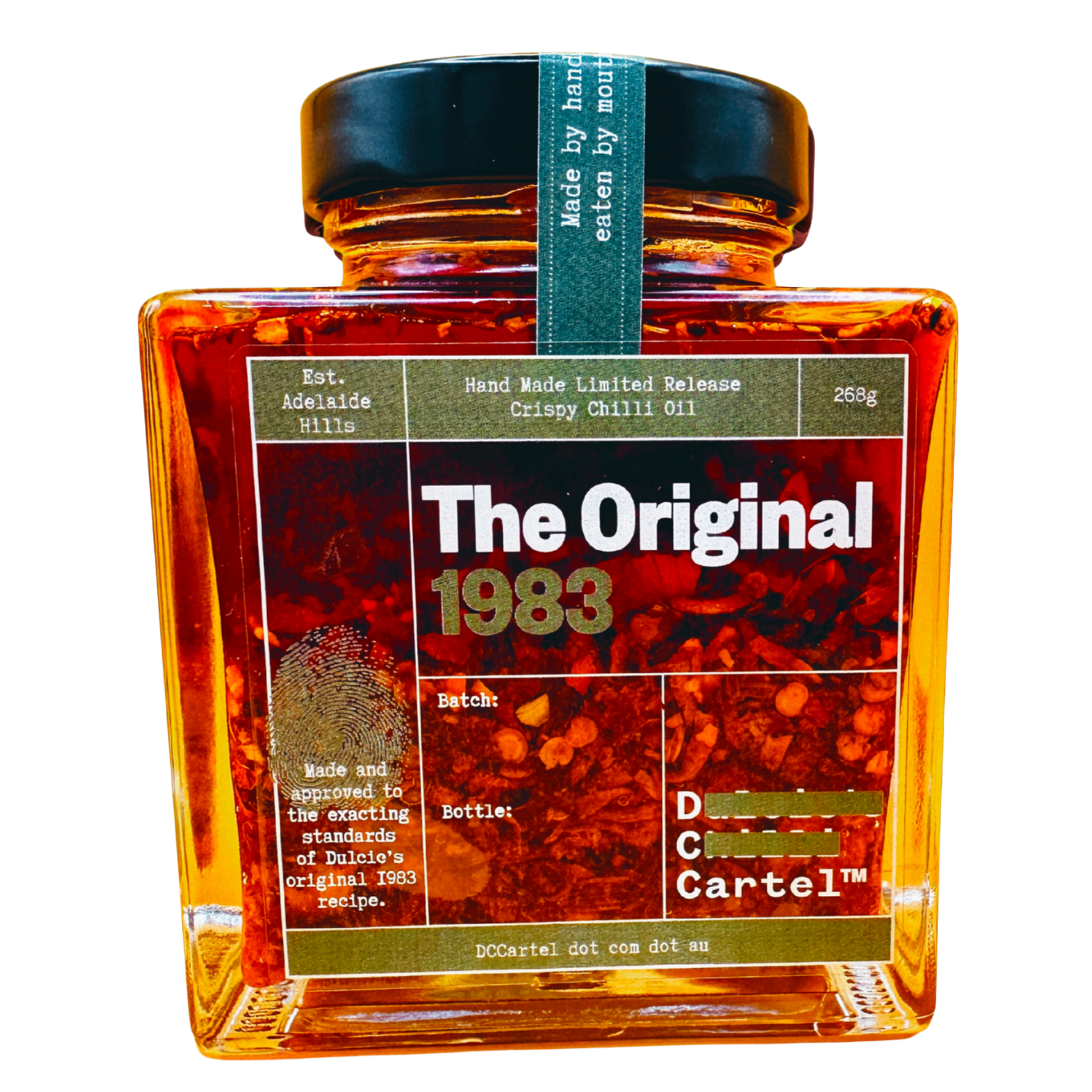 DC Cartel Olive Oil 1983 crispy chilli oil 268g, front of jar on transparent background