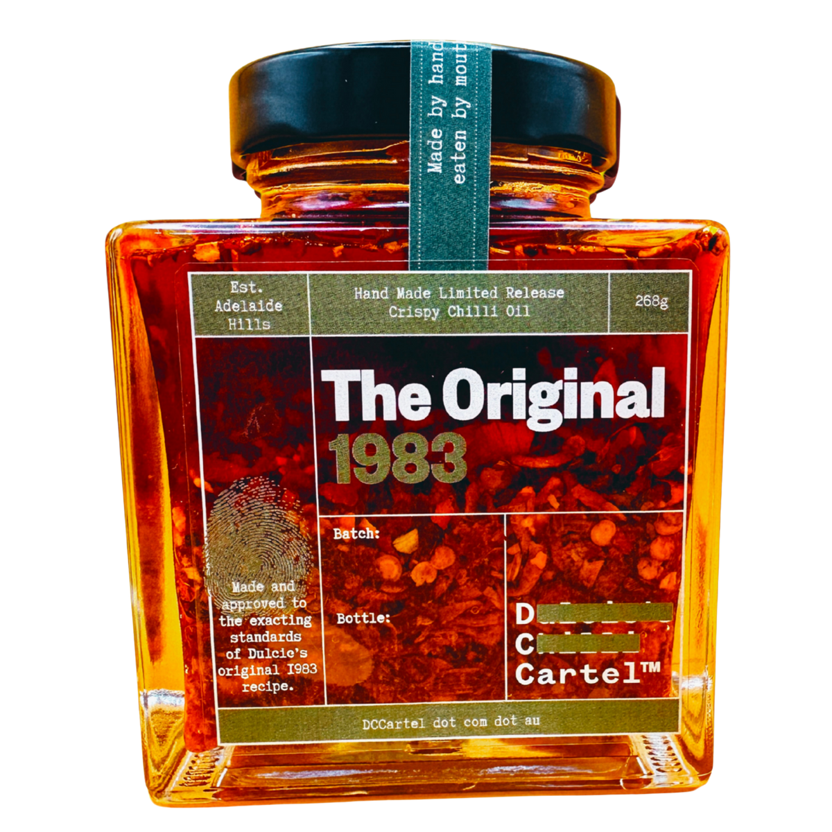 DC Cartel Olive Oil 1983 crispy chilli oil 268g, front of jar on transparent background