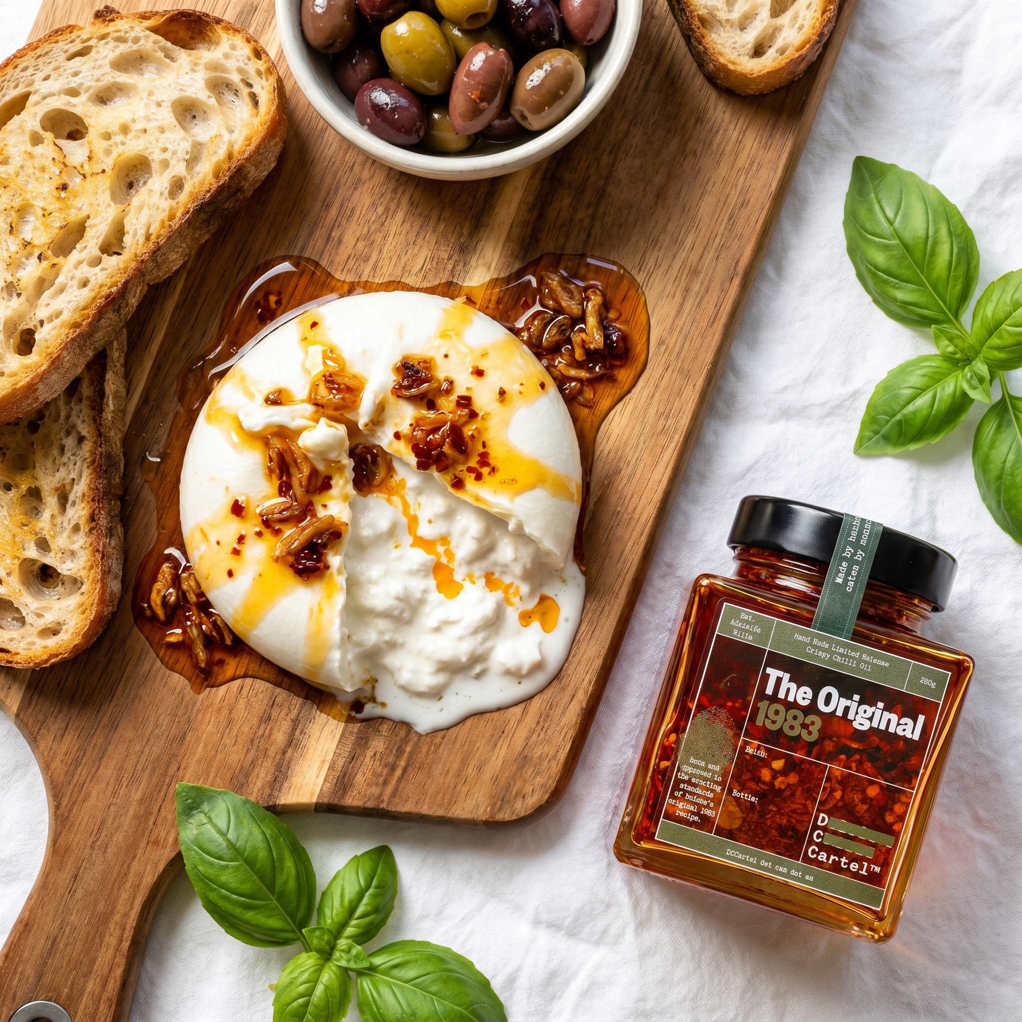 DC Cartel Olive Oil 1983 crispy chilli oil drizzled over creamy burrata with sourdough and olives