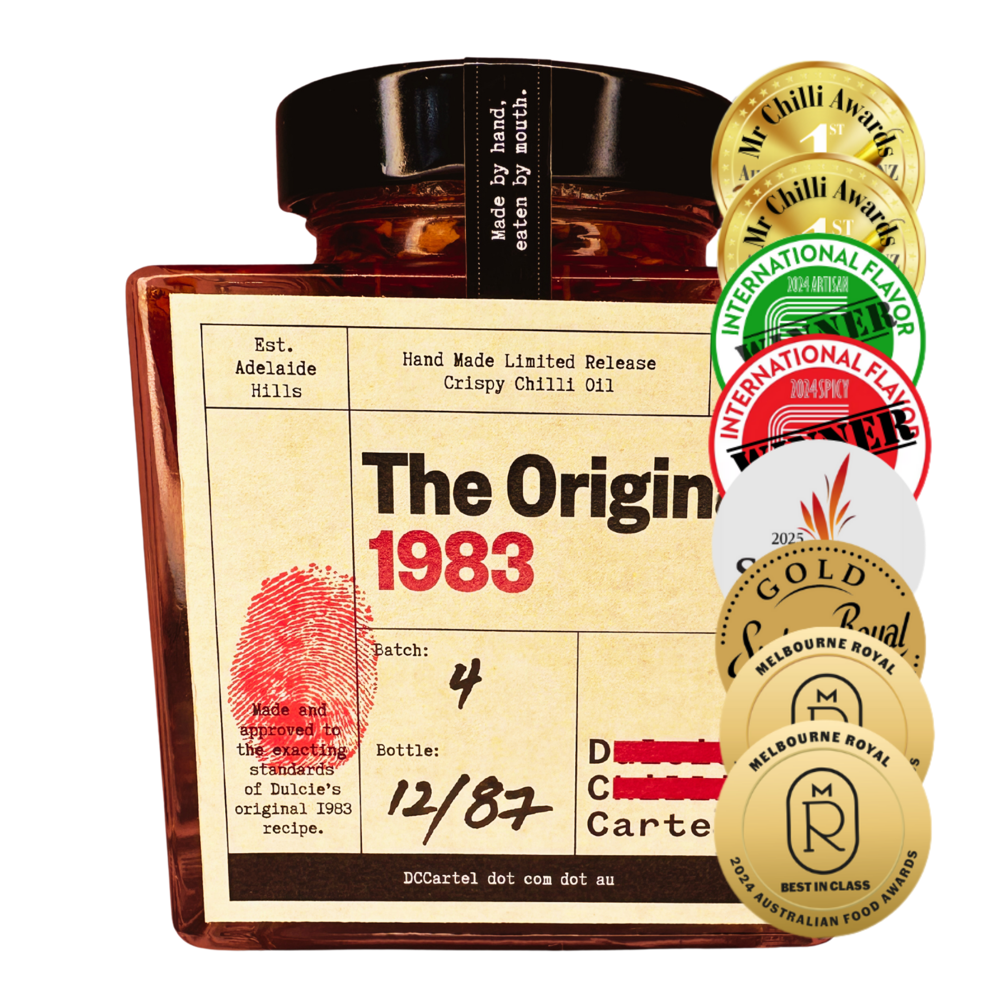 DC Cartel The Original 1983 crispy chilli oil 268g with gold medal food awards, transparent background