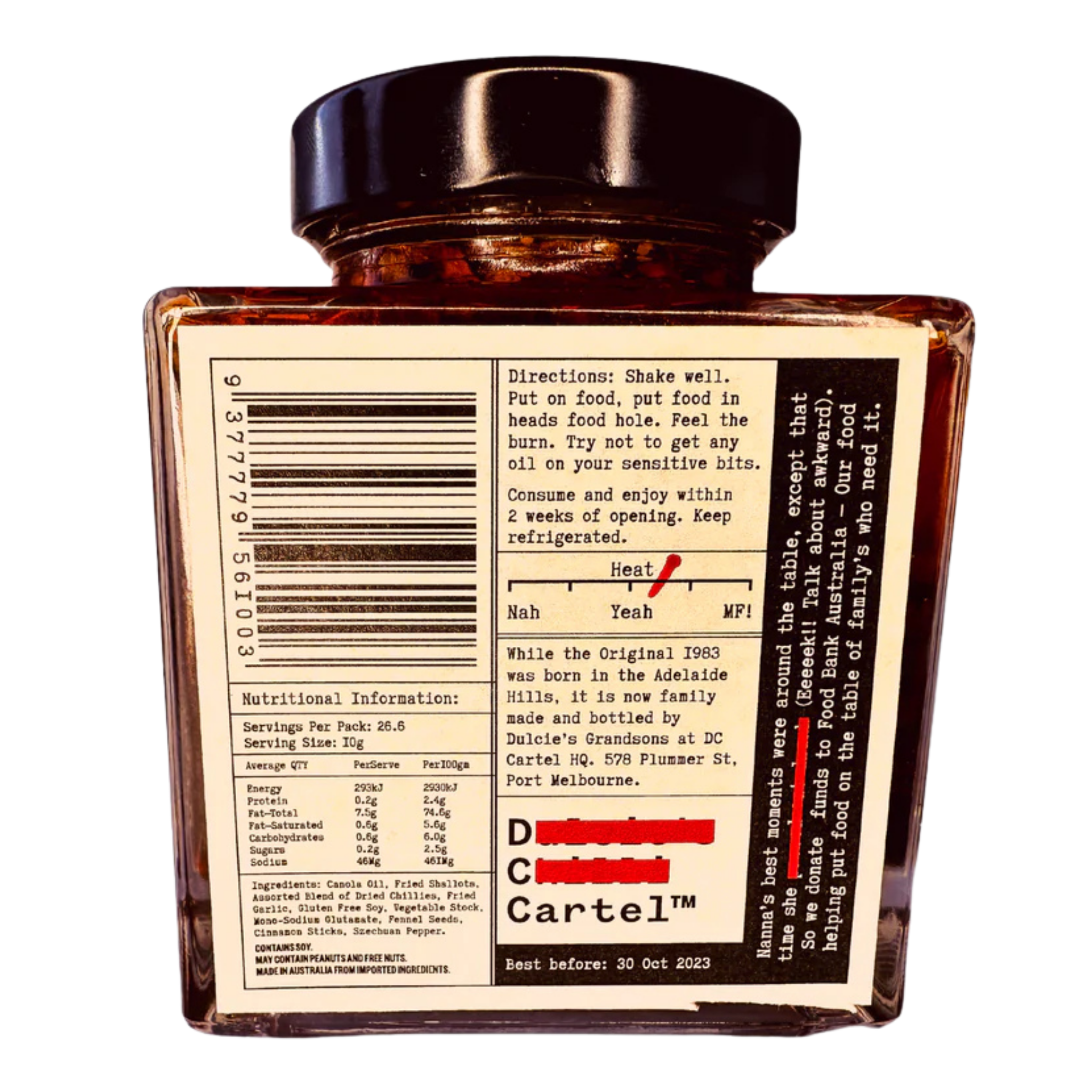 DC Cartel The Original 1983 crispy chilli oil 268g, back label ingredients and nutrition panel, transparent background