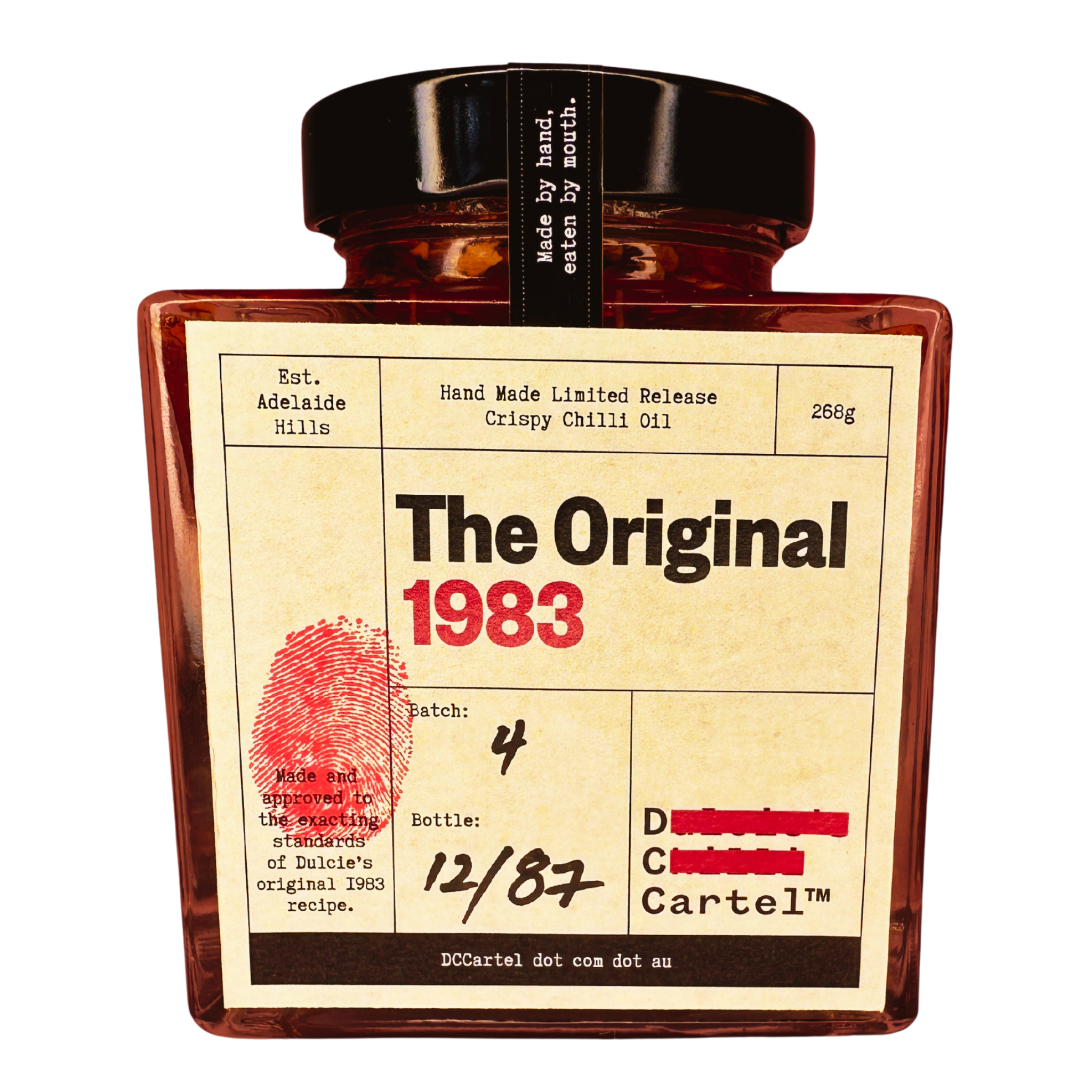 DC Cartel The Original 1983 crispy chilli oil 268g, front of jar on transparent background