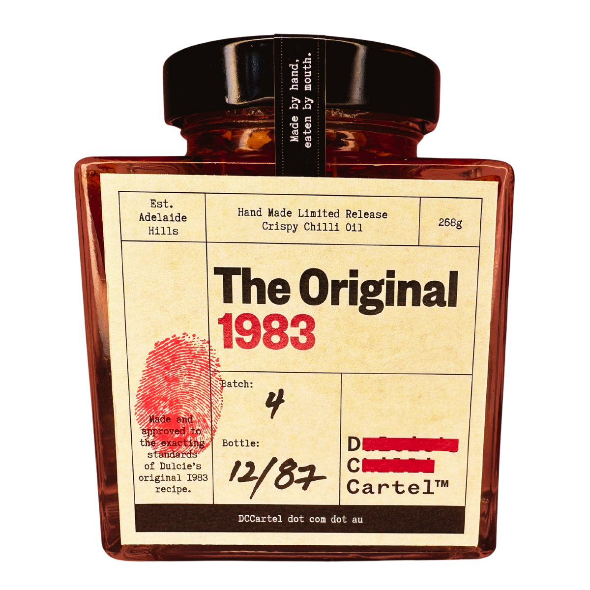 DC Cartel The Original 1983 crispy chilli oil 268g, front of jar on transparent background