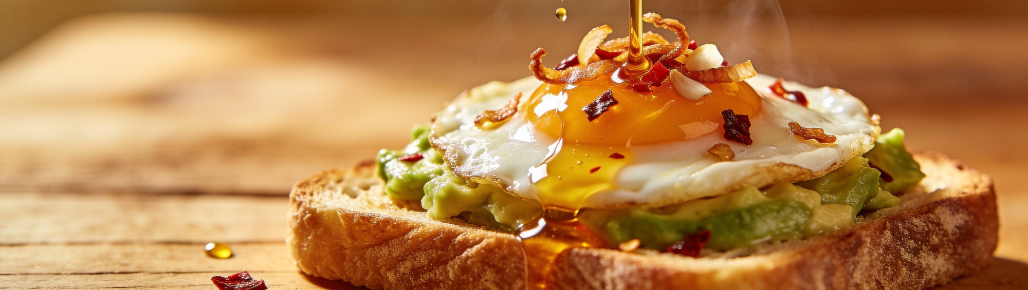 DC Cartel The Original 1983 Crispy Chilli Oil 268g banner - crispy chilli oil actively drizzling in a glistening stream onto a fried egg and smashed avocado on sourdough toast, crispy shallot and chilli flakes visible in the oil, macro shot