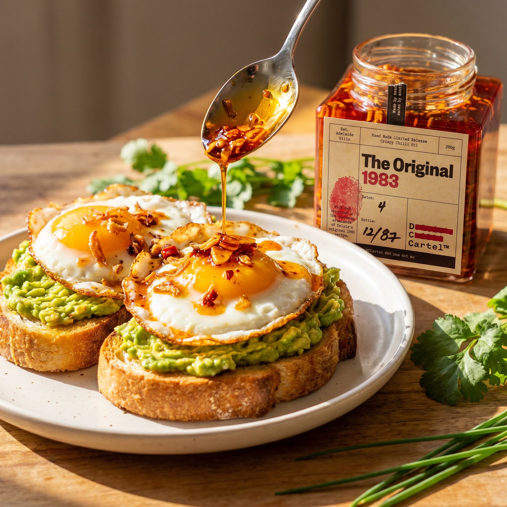 DC Cartel The Original 1983 crispy chilli oil drizzled over fried eggs and smashed avocado on sourdough toast
