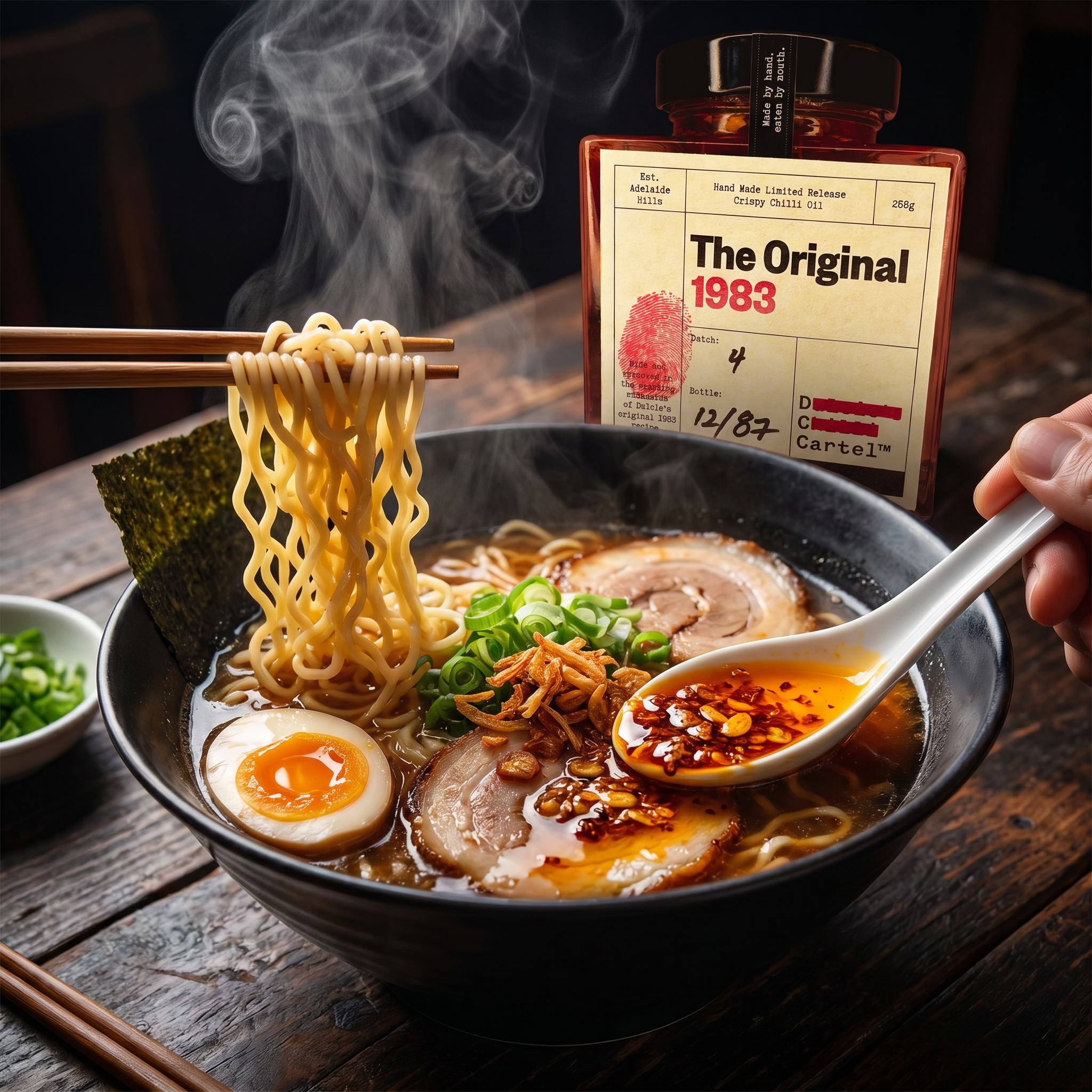 DC Cartel The Original 1983 crispy chilli oil spooned over a steaming bowl of ramen noodles