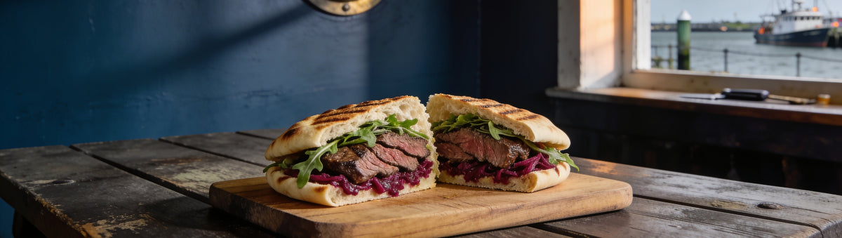 Steak sandwich with rocket in a navy harbour pub, stacked with Drunken Sailor Beetroot & Gin Relish