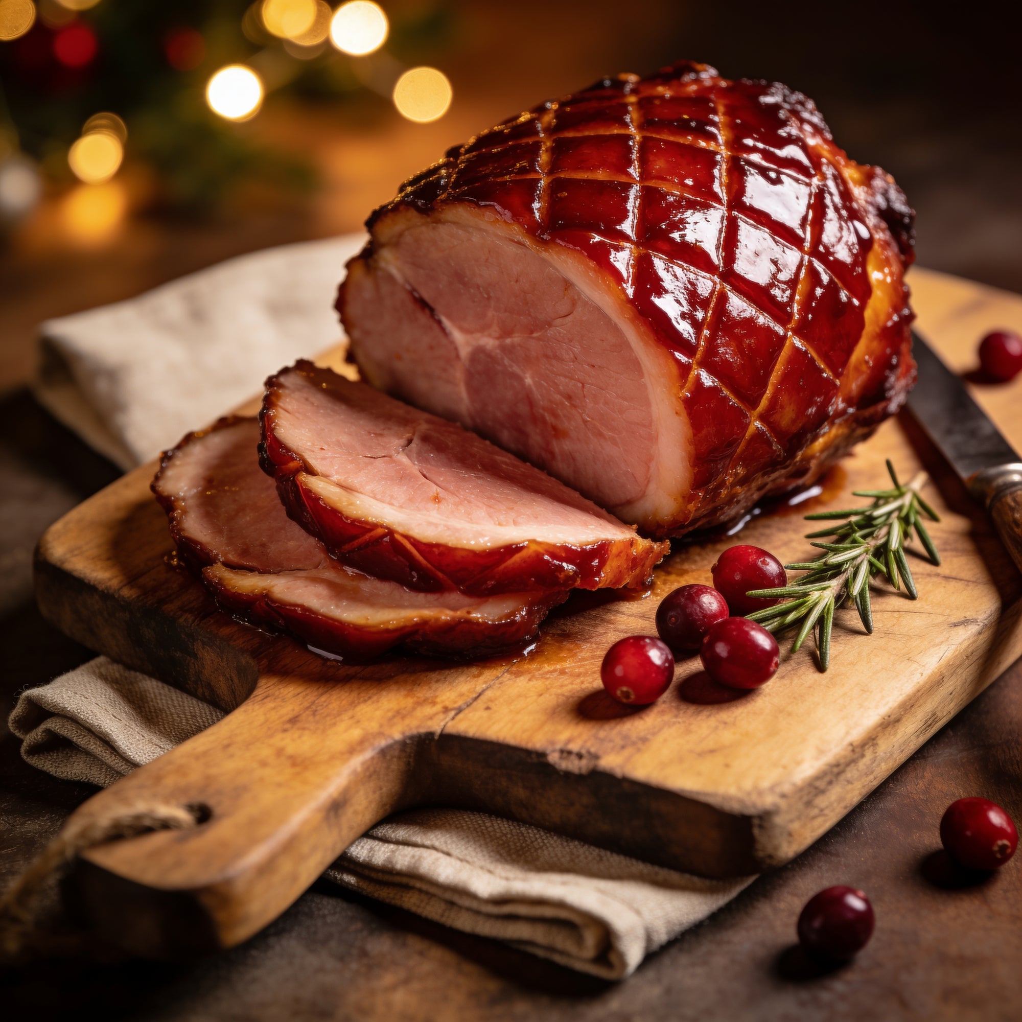 A glazed ham garnished with fresh cranberries and rosemary.
