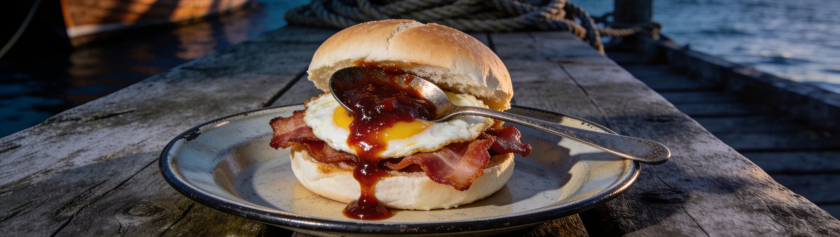 Bacon and egg roll on a harbour dock, loaded with Drunken Sailor Smokey Tomato Relish