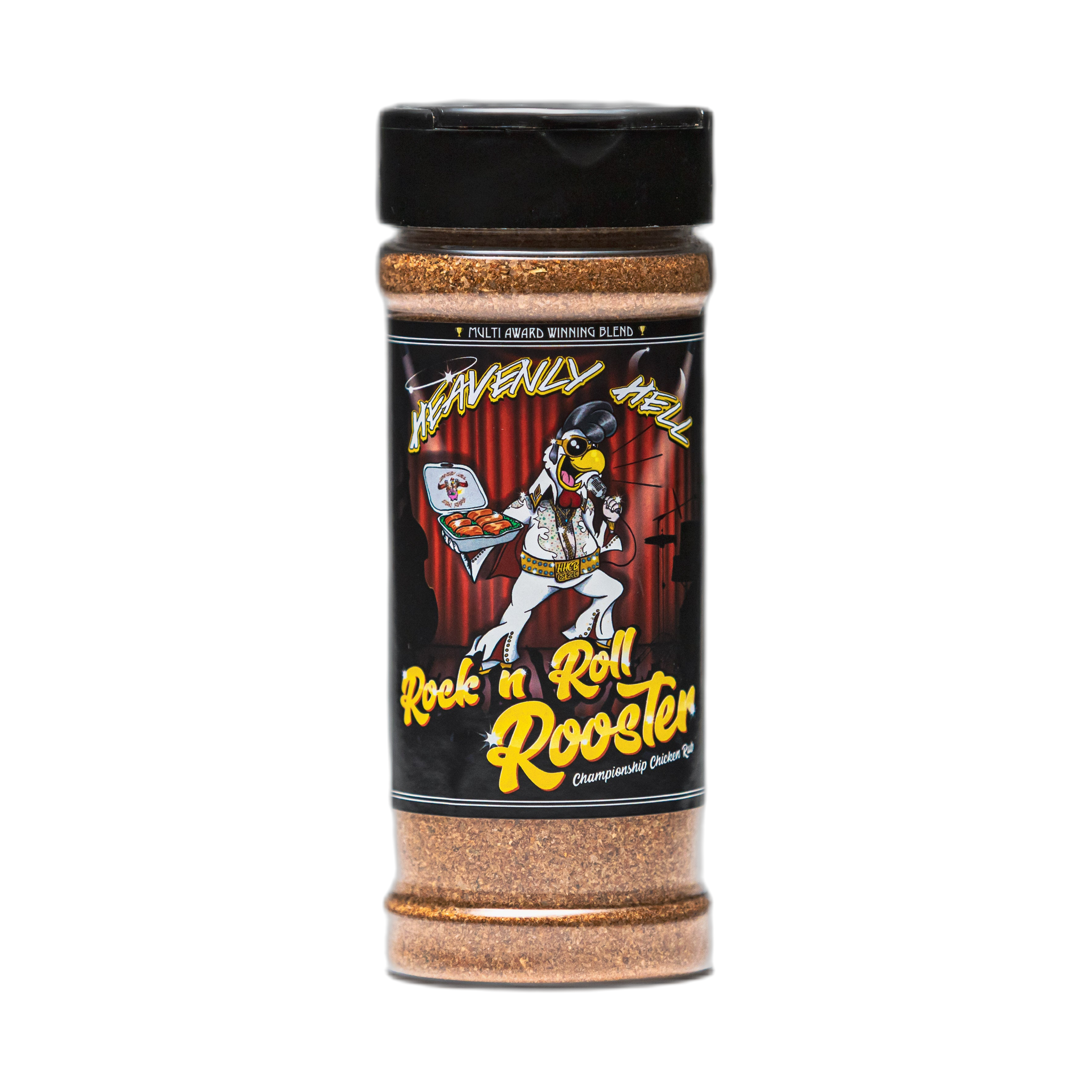 Heavenly Hell Rock n Roll Rooster championship chicken rub 150g — front of the shaker on transparent background