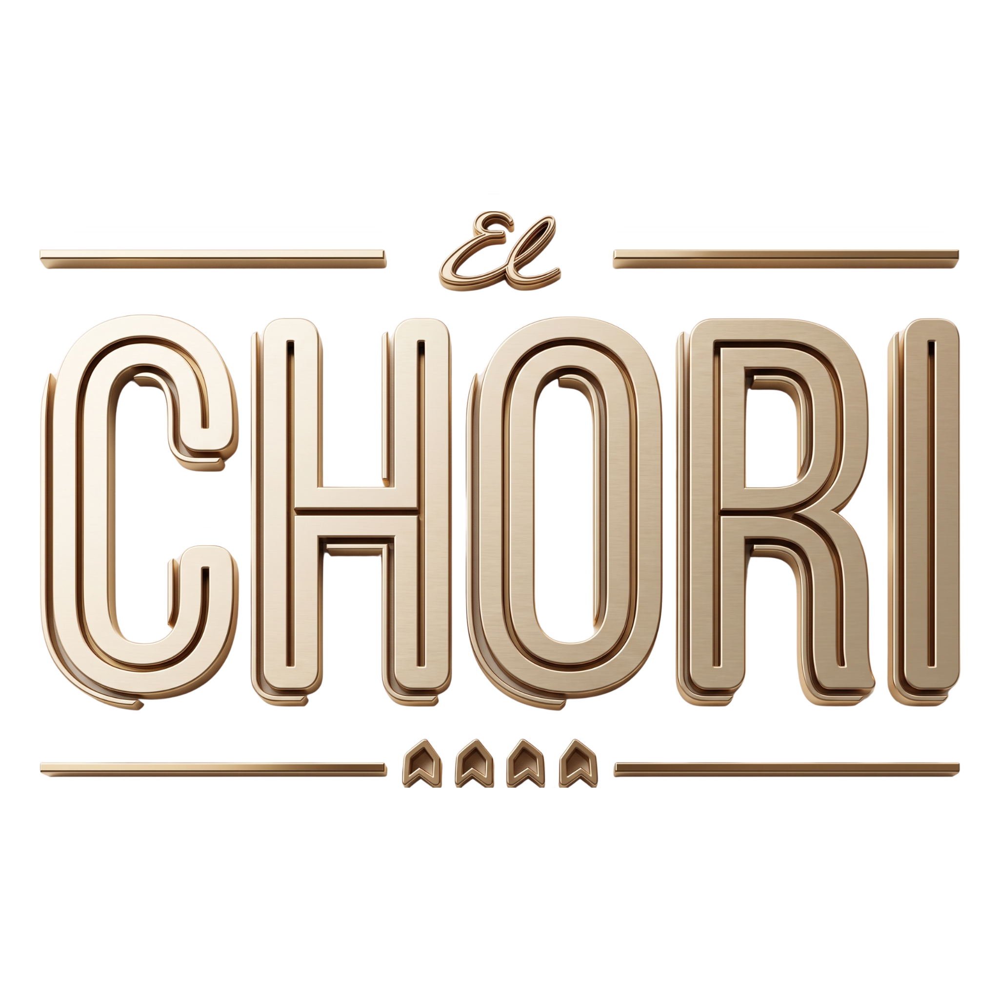 El Chori chimichurri brand logo, gold 3D wordmark with a cursive 'el' script and chevron accents, on transparent background