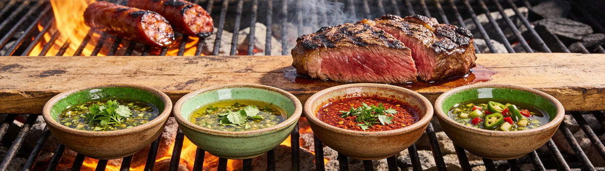 El Chori Chimichurri Four Pack with four bowls of chimichurri and a carved steak at an asado grill