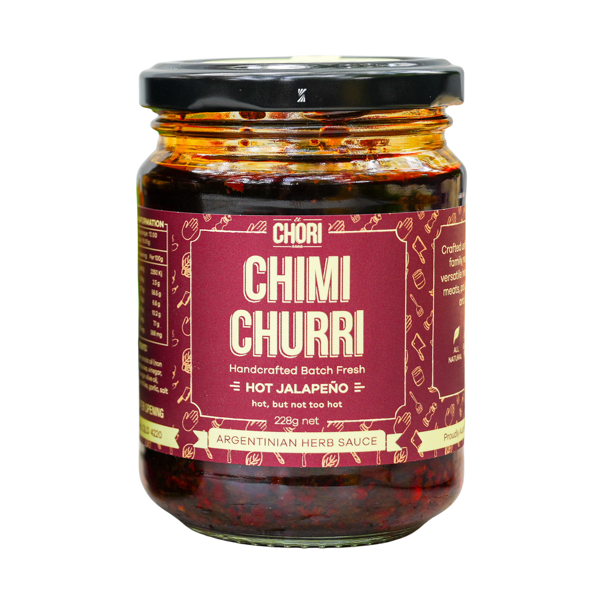 El Chori Hot Jalapeño Chimichurri 228g jar — hot Argentinian chimichurri, front of jar on transparent background