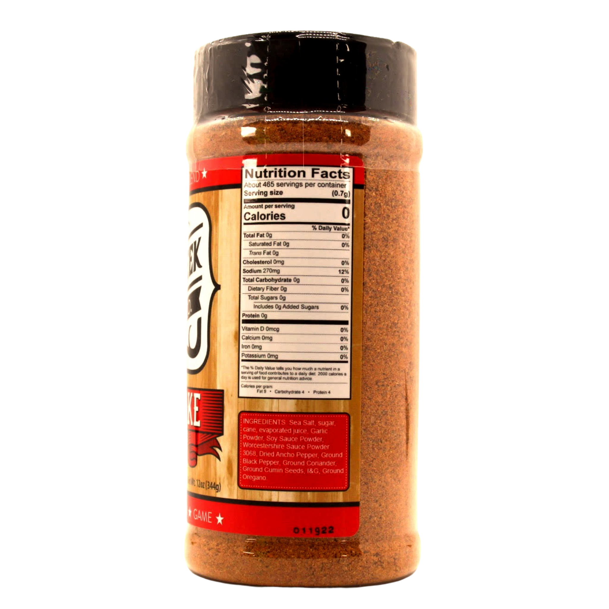 Elk Creek Beef Shake Steak Seasoning 340g seasoning, left side label detail, transparent background