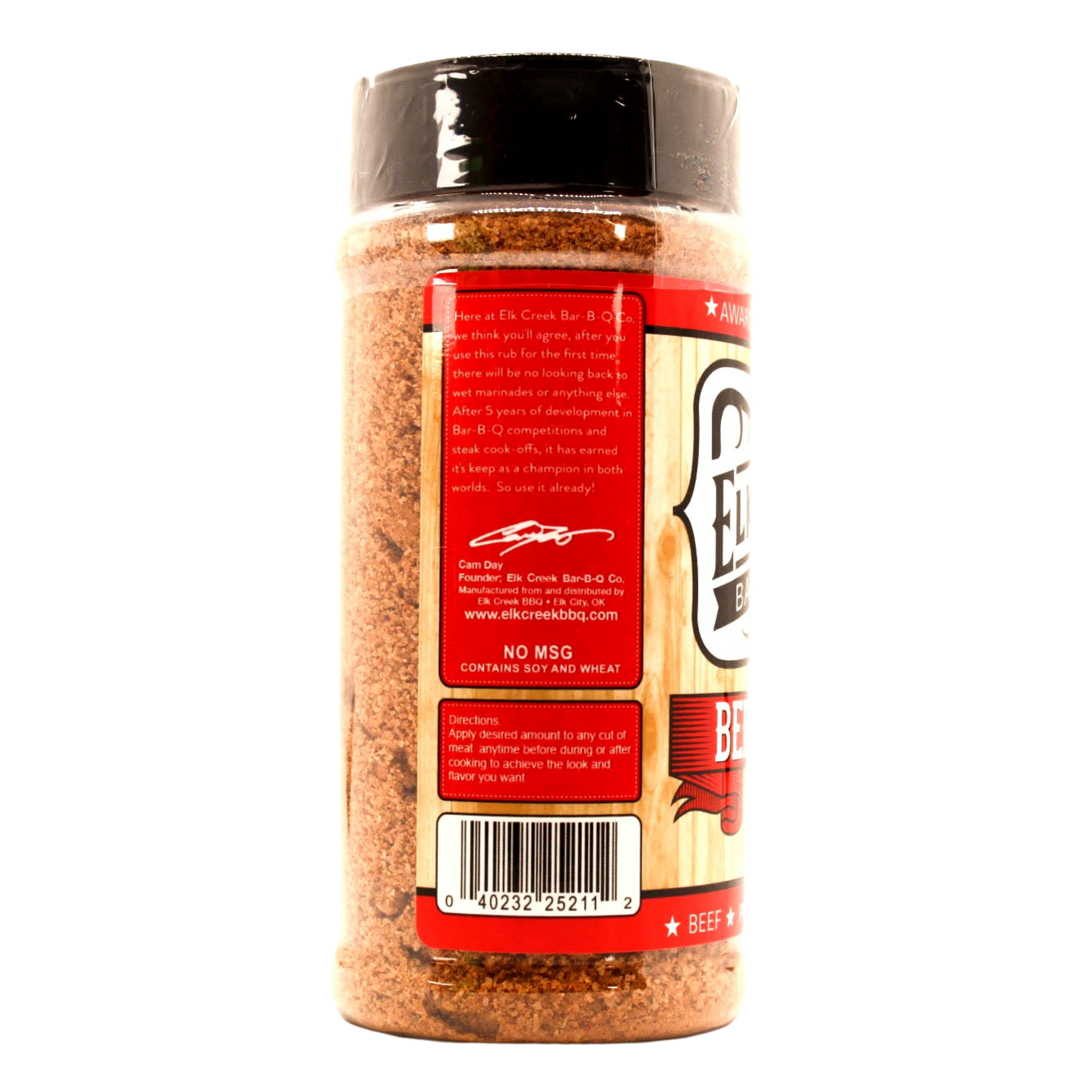Elk Creek Beef Shake Steak Seasoning 340g seasoning, right side label detail, transparent background
