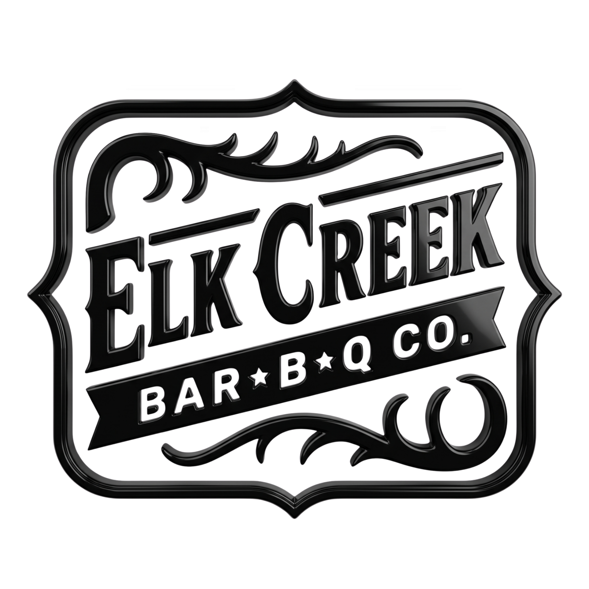 Elk Creek Bar-B-Q Co. brand logo, ornate black crest with flourishes, white glow on transparent background