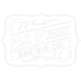 Elk Creek Bar-B-Q Co. brand logo, ornate black and white crest with flourishes, on transparent background