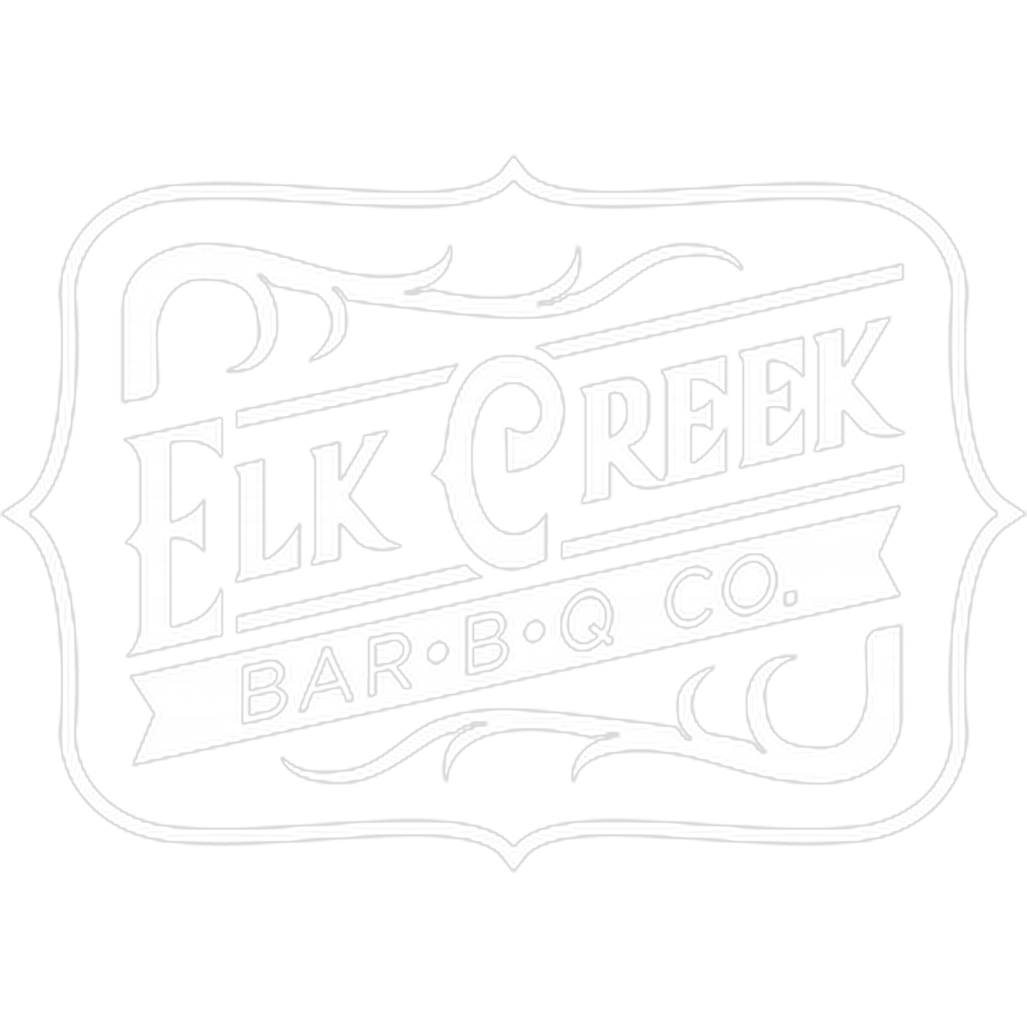 Elk Creek Bar-B-Q Co. brand logo, ornate black and white crest with flourishes, on transparent background