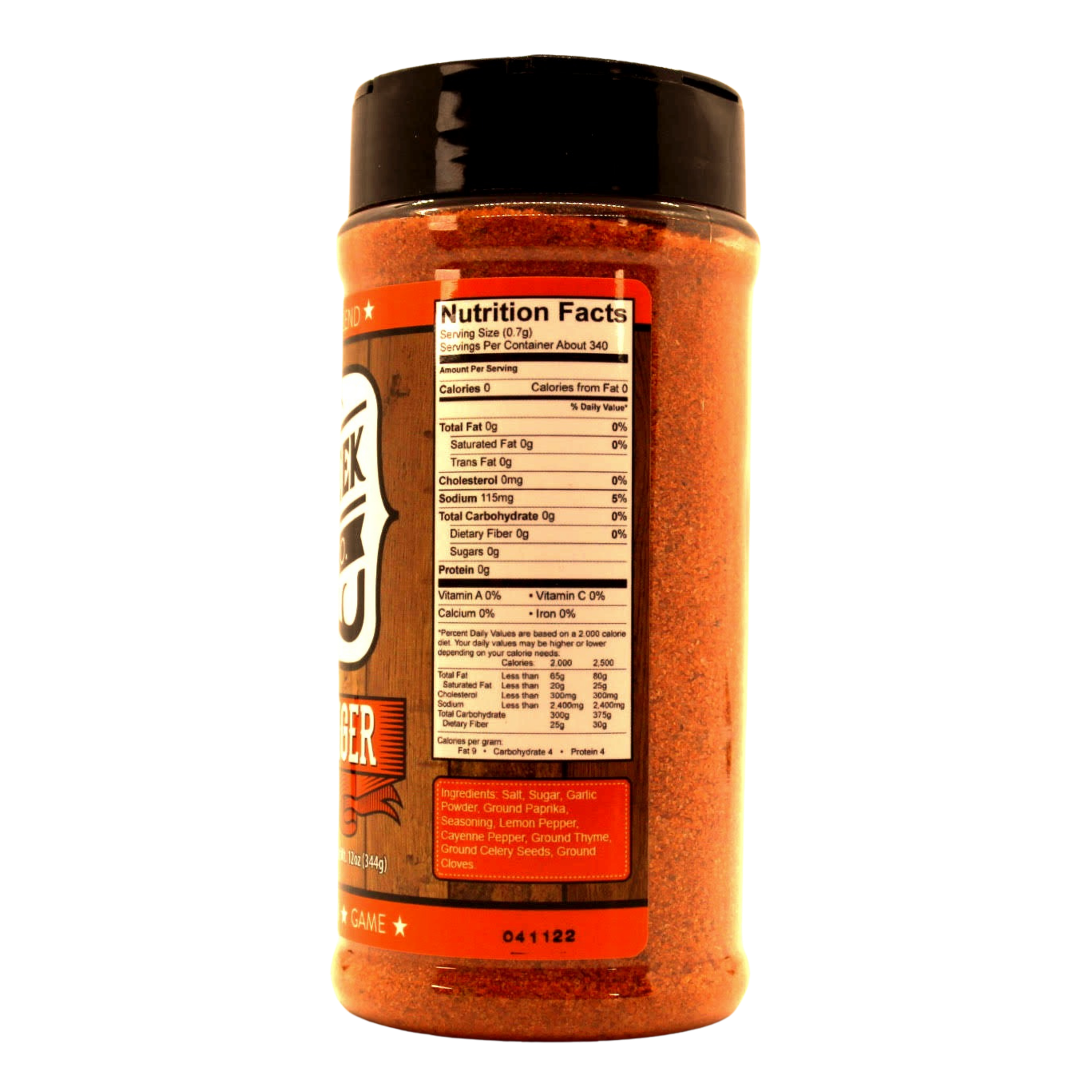 Elk Creek Cajun Stinger Seasoning 340g seasoning, left side label detail, transparent background