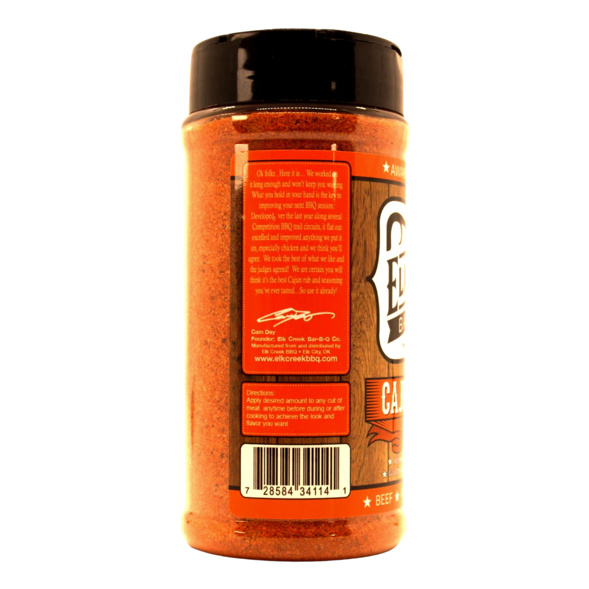 Elk Creek Cajun Stinger Seasoning 340g seasoning, right side label detail, transparent background
