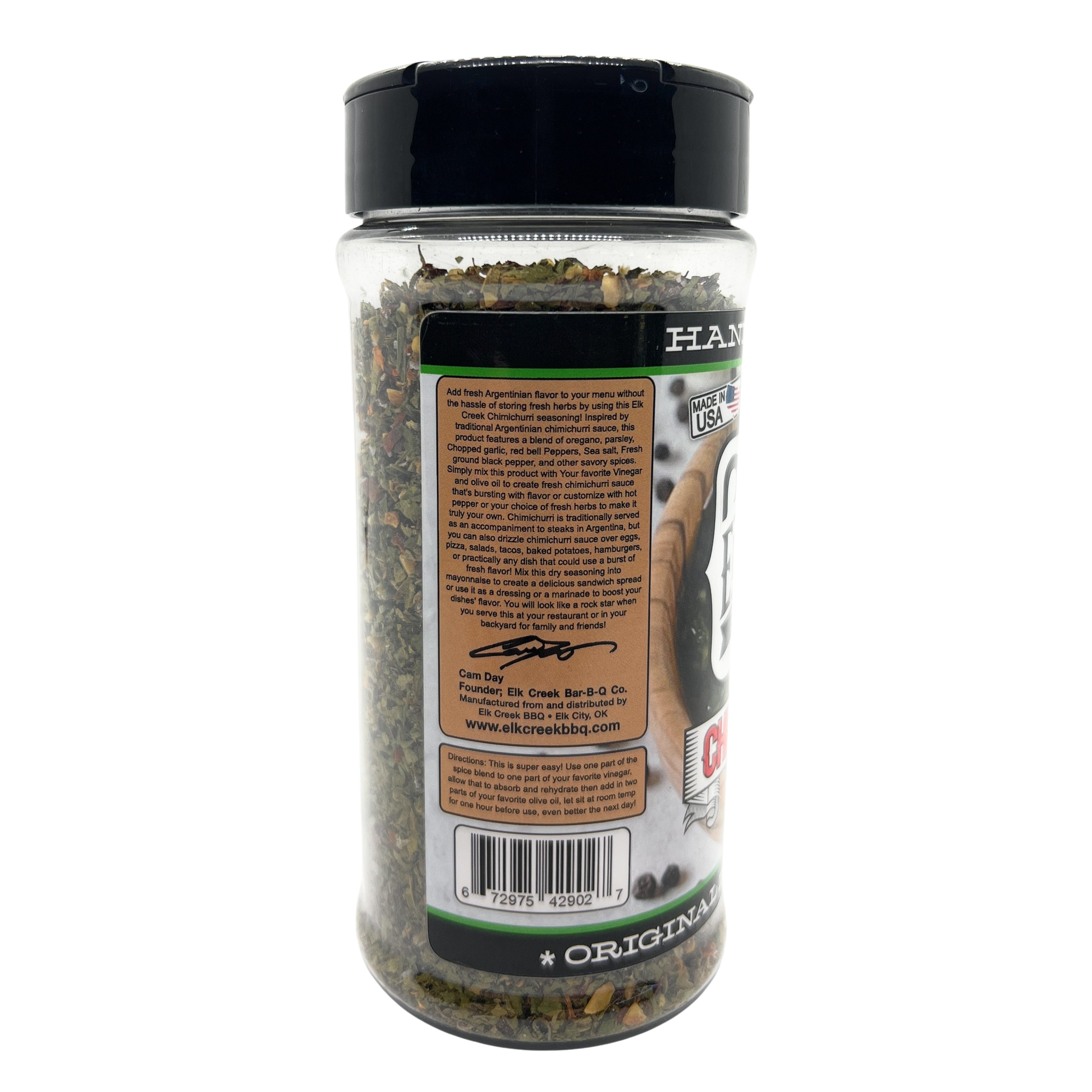 Elk Creek Chimi-Churri Dressing Mix & Rub seasoning, right side label detail, transparent background