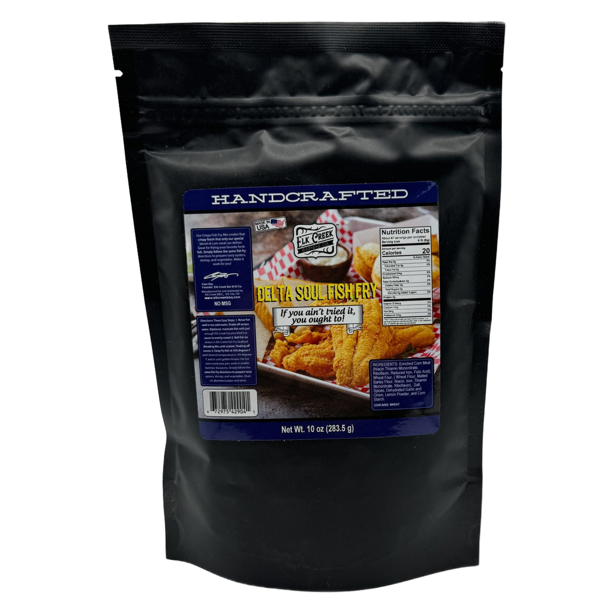 Elk Creek Delta Soul Fish Fry Mix 283g, black stand-up pouch on transparent background