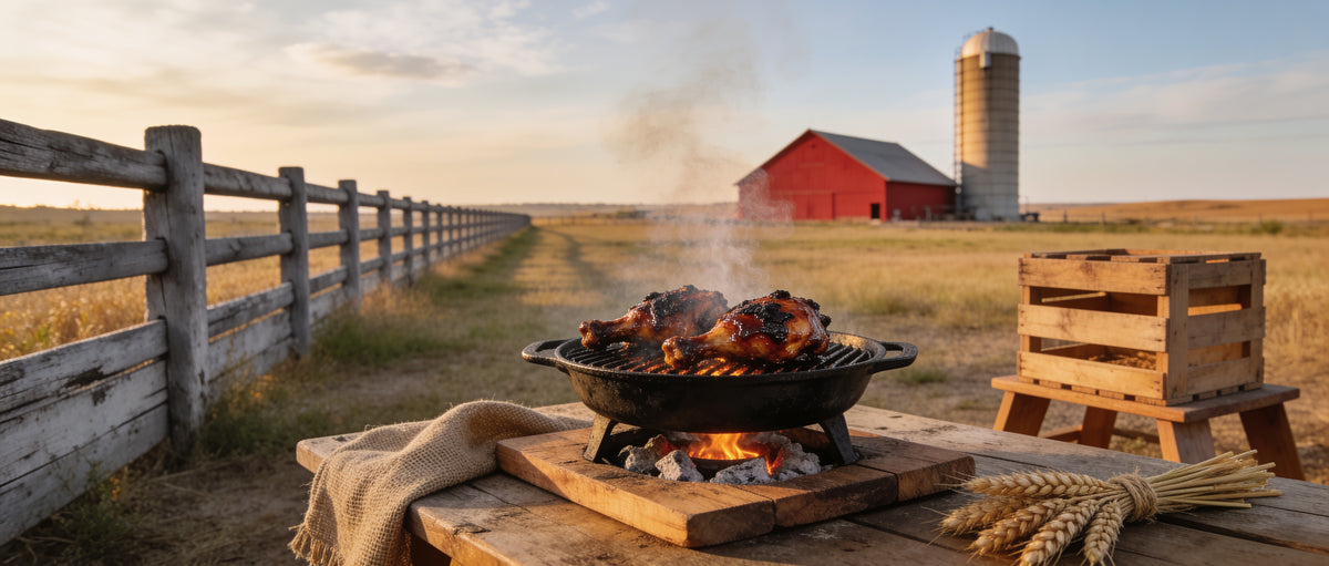 Elk Creek One Love Spice Island Jerk Rub — charred jerk chicken thighs over open charcoal flame