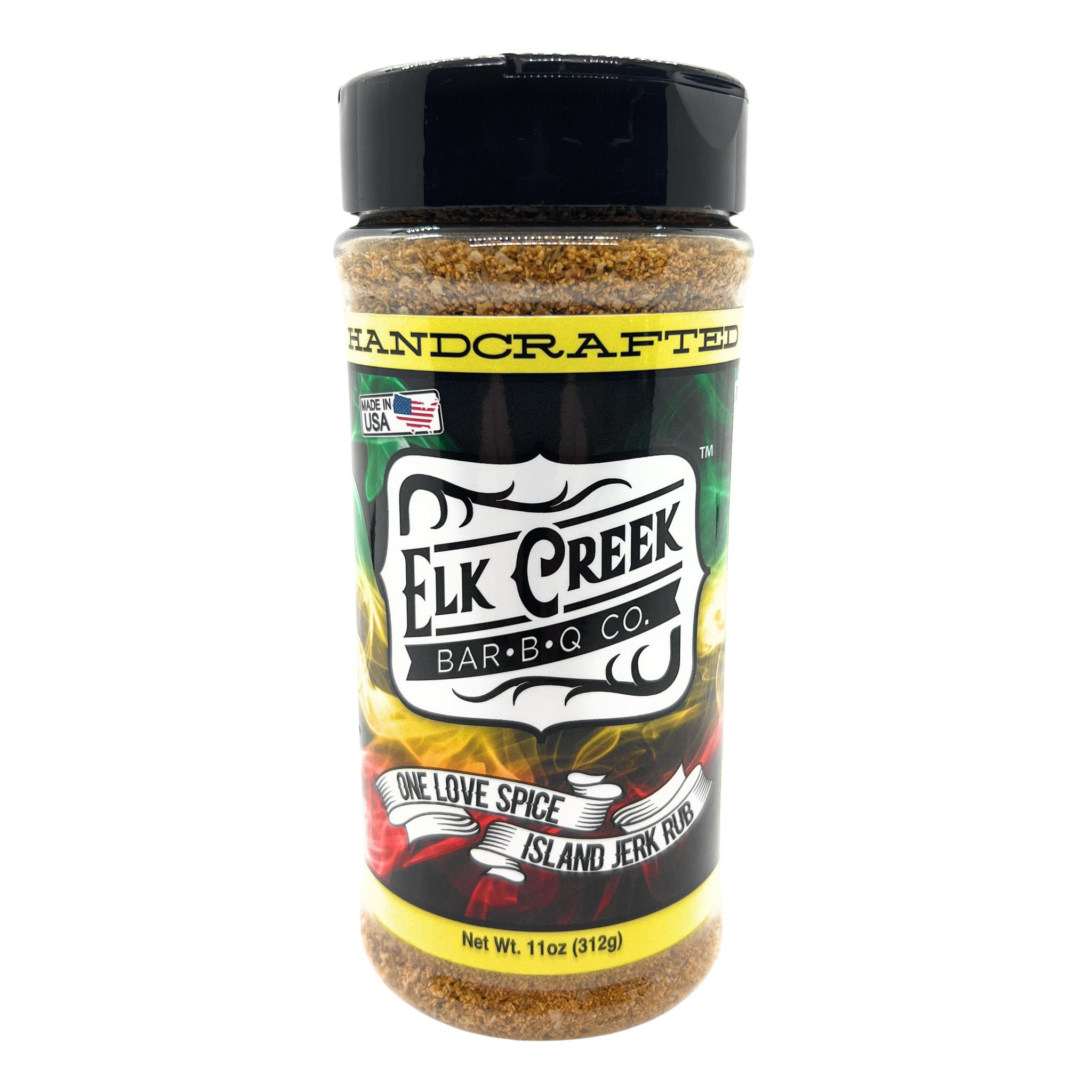 Elk Creek One Love Spice Island Jerk Rub rub, front of pack on transparent background
