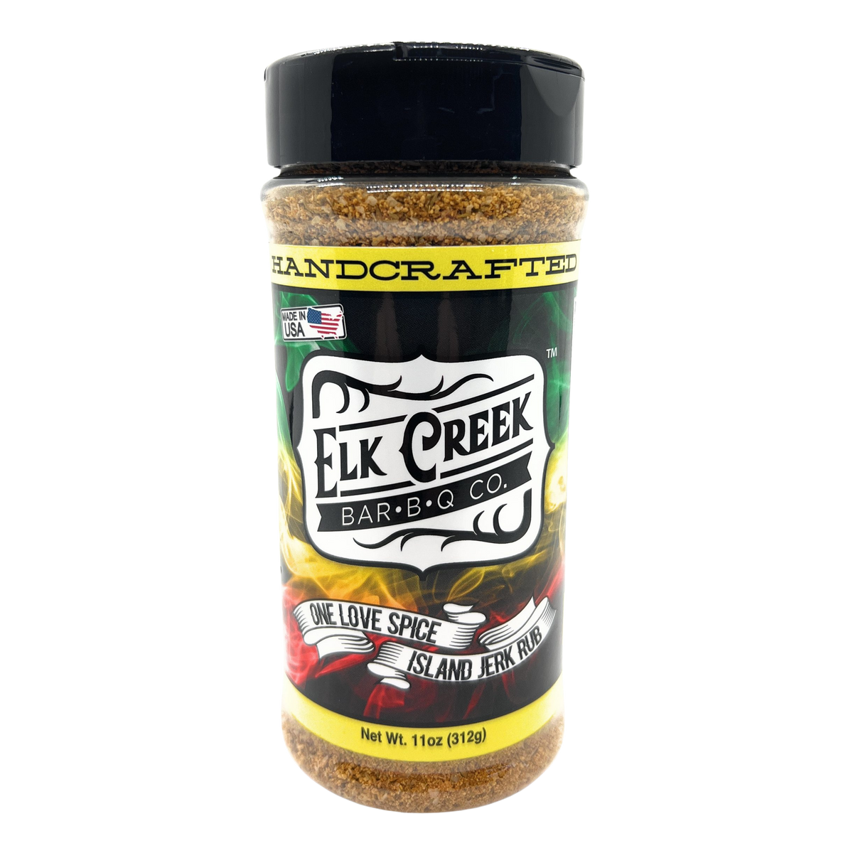 Elk Creek One Love Spice Island Jerk Rub rub, front of pack on transparent background