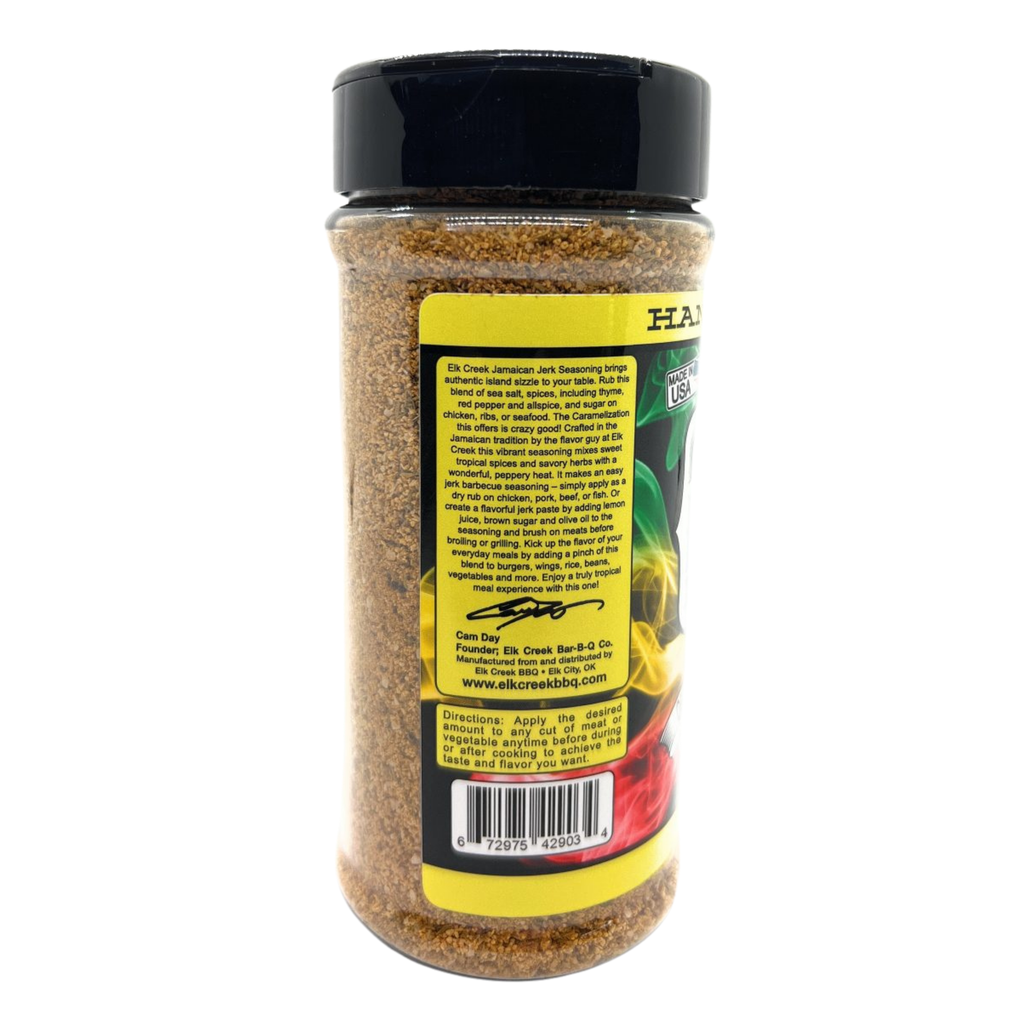 Elk Creek One Love Spice Island Jerk Rub rub, right side label detail, transparent background