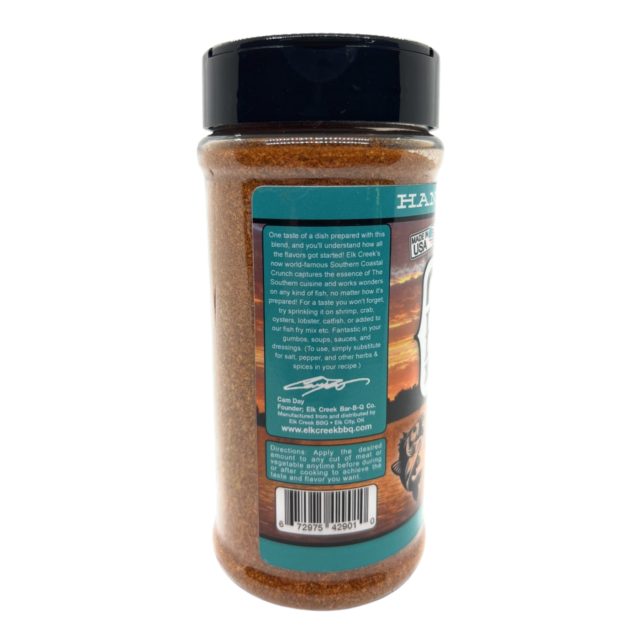 Elk Creek Southern Coastal Crunch Seasoning seasoning, right side label detail, transparent background