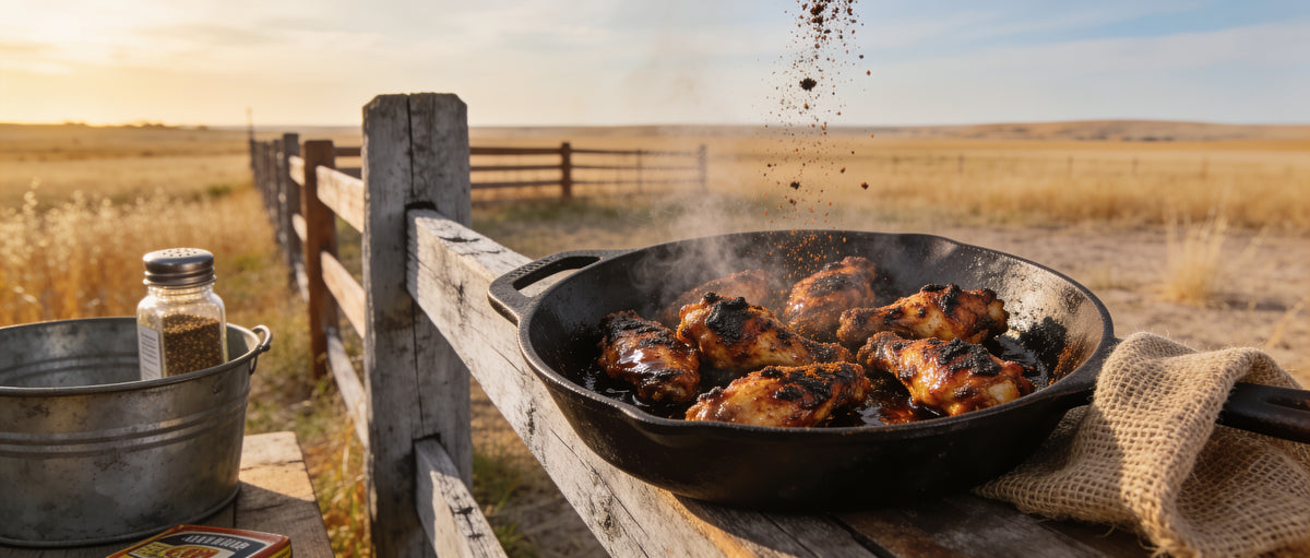 Elk Creek Cajun Stinger Seasoning 340g — blackened Cajun prawns sizzling in a cast-iron skillet with butter