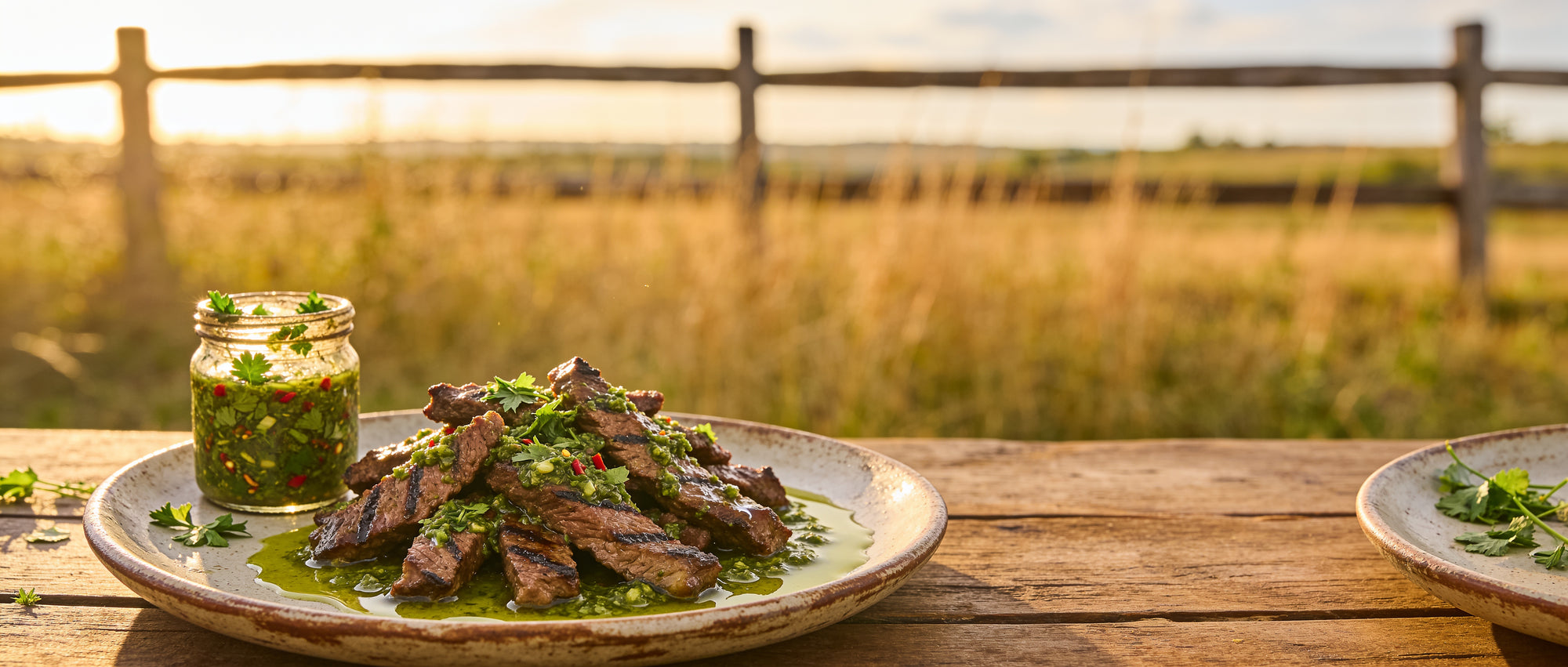 Elk Creek Chimi-Churri Dressing Mix & Rub — sliced grilled steak topped with vibrant green chimichurri dressing