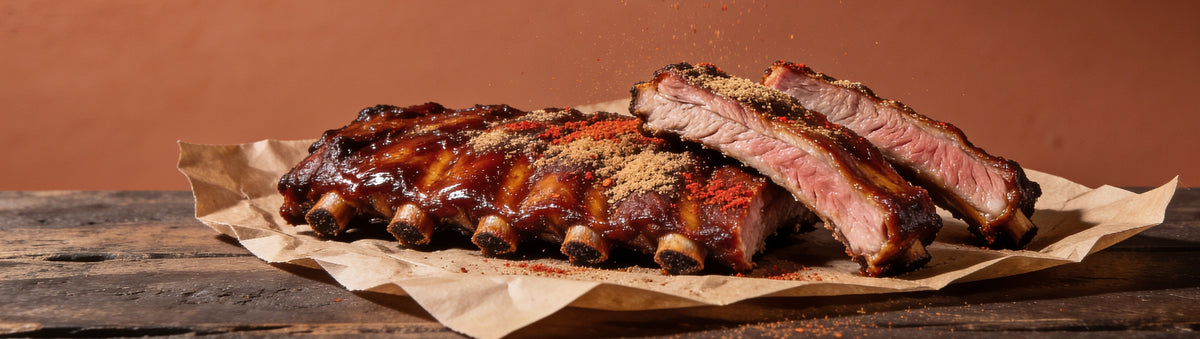 Ember Republic Buffalo pork rub with a glossy caramelised rack of pork ribs on butcher paper
