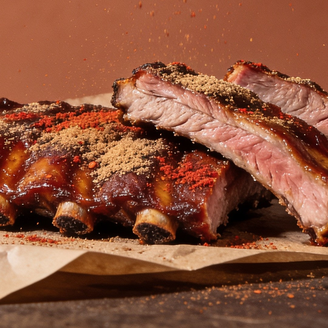 Sticky caramelised pork ribs seasoned with Ember Republic Buffalo Lowveld Sweet Ash