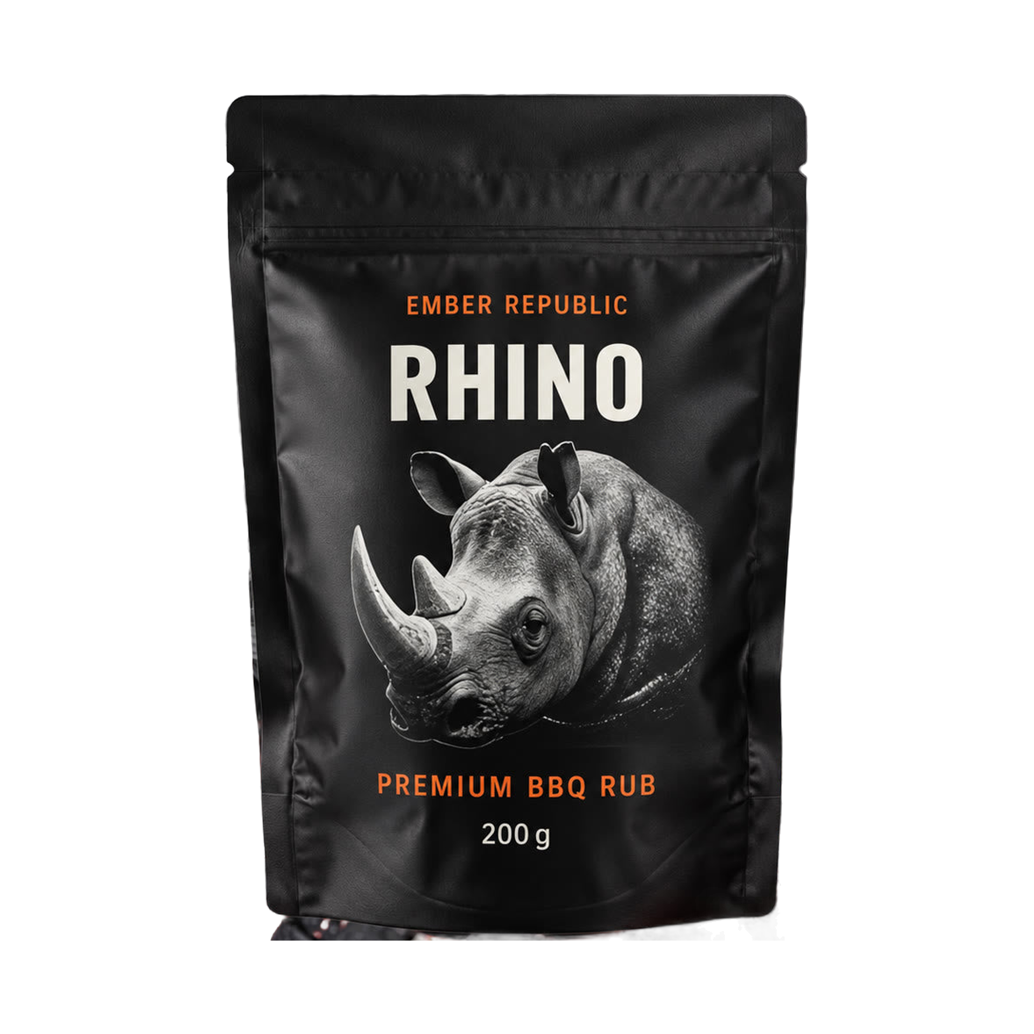 Ember Republic Rhino Veld & Tide Fire seafood BBQ rub 200g pouch — front on transparent background