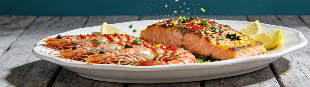 Ember Republic Rhino seafood rub with seasoned king prawns and seared salmon on a white platter