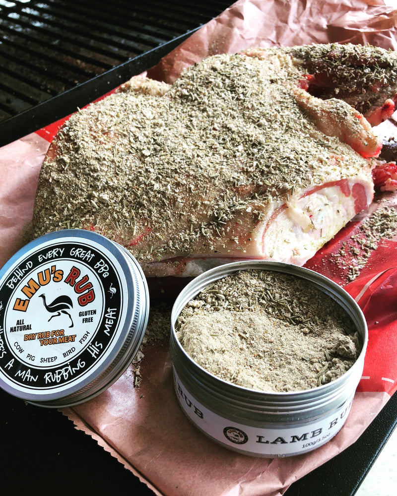 Emu's Rub Lamb Rub dusted onto a leg of lamb before the grill lifestyle photo