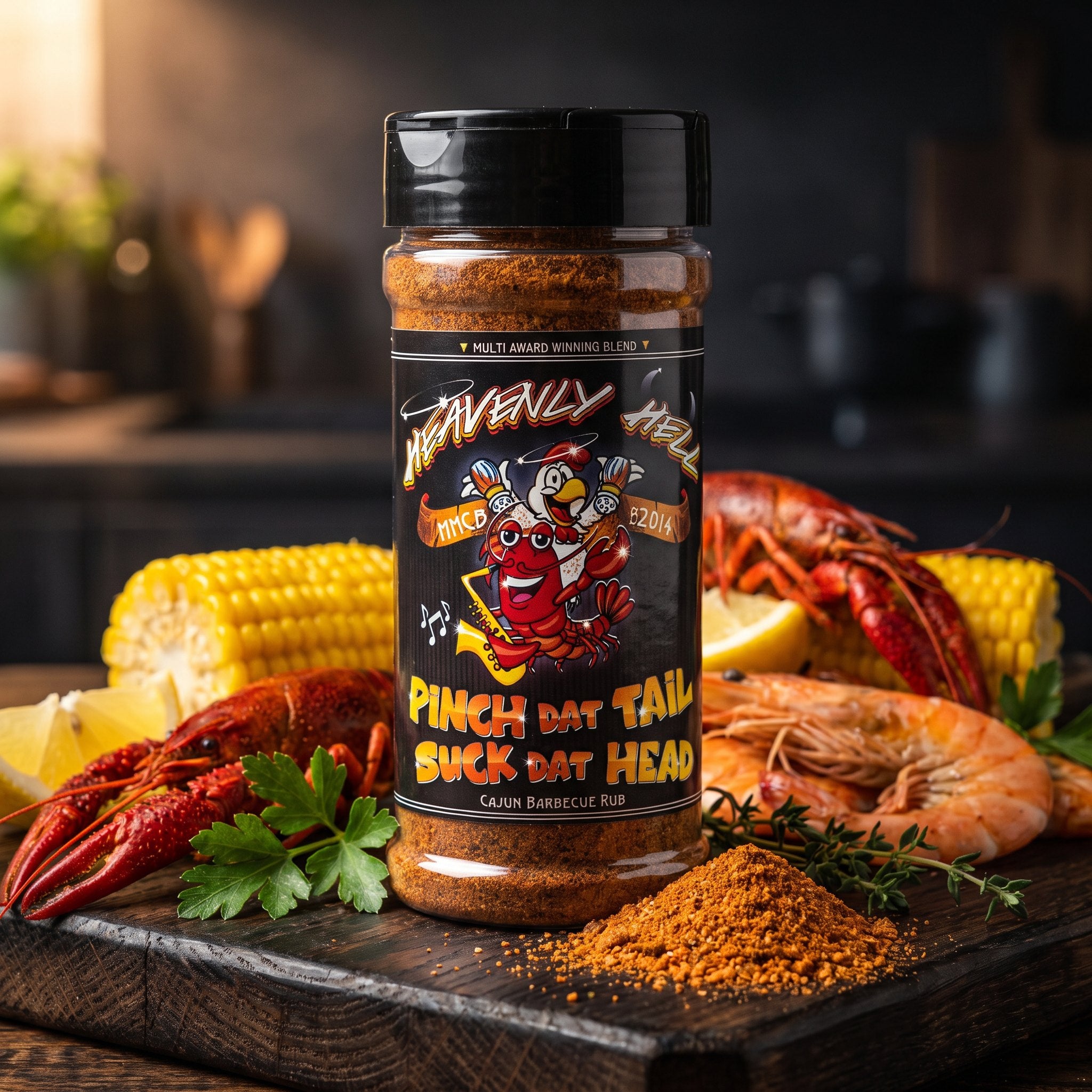 Pinch Dat Tail Cajun rub styled with a crawfish and prawn boil